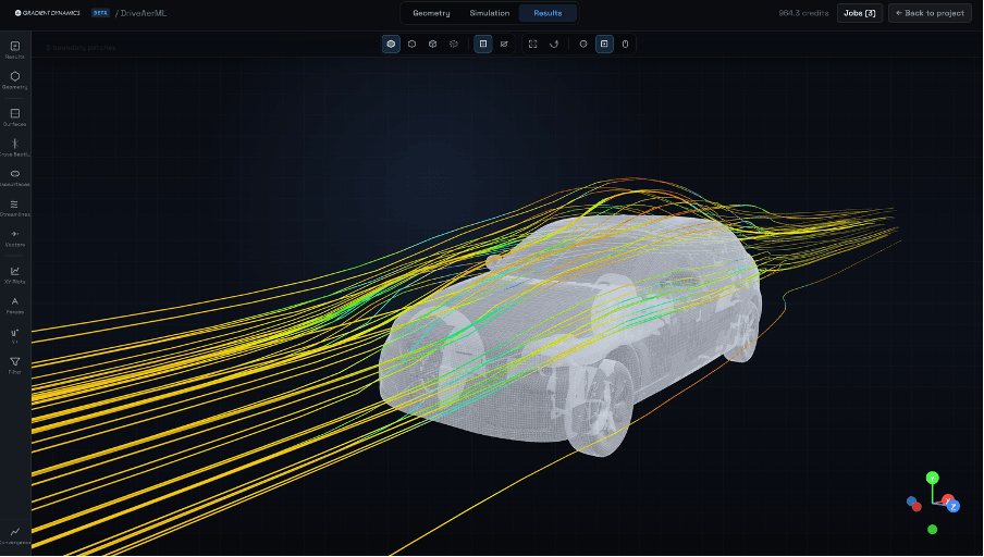 Gradient Dynamics Studio showing DrivAerML results with streamlines